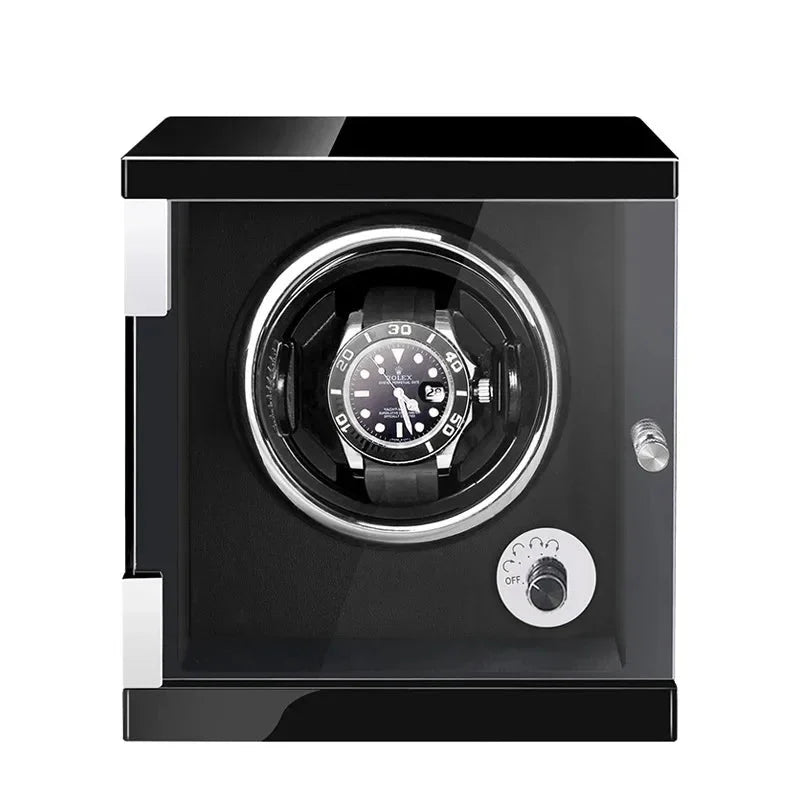 WATCHMATIC Bruno Black Luxury Watch Winder - 9 Slots Vertical Type D;14:3479 epitopes black paint + black PU [open cover self-stop + LED light] - WatchMatic